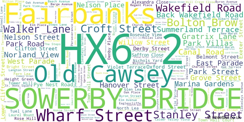 A word cloud for the HX6 2 postcode